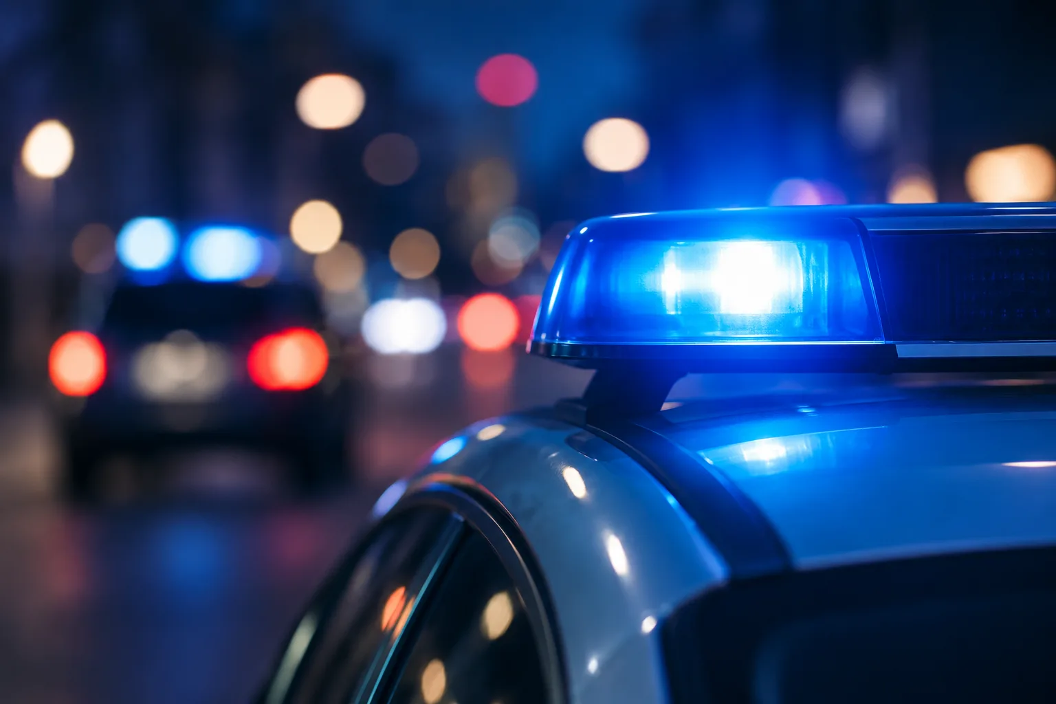Dunkles Fahrzeug in nächtlicher urbaner Umgebung mit blauen Lichtreflexen im Hintergrund.