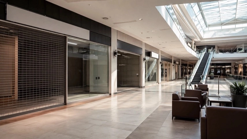 Innenansicht Einkaufszentrum mit Leerstand, geschlossene Läden und Rolltreppe in moderner Stadtgalerie