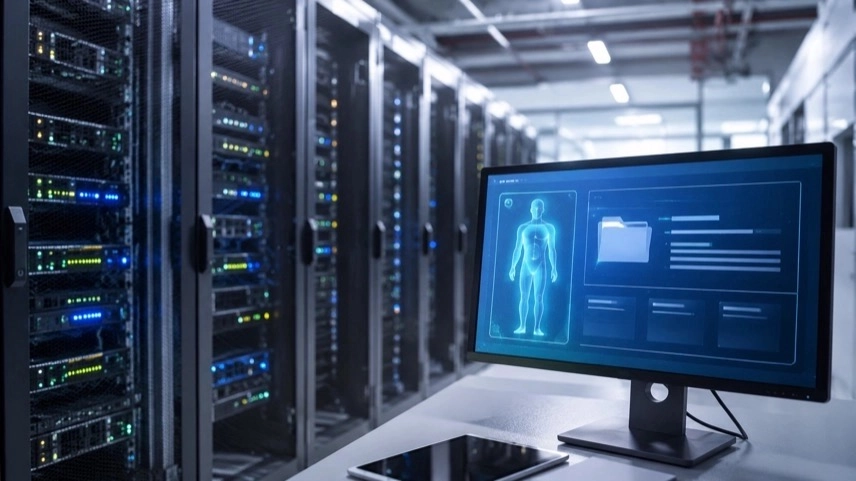Modernes Rechenzentrum mit Servern und digitaler Gesundheitsdaten-Infrastruktur im Kontext Datenschutz und Cloud-Technologien