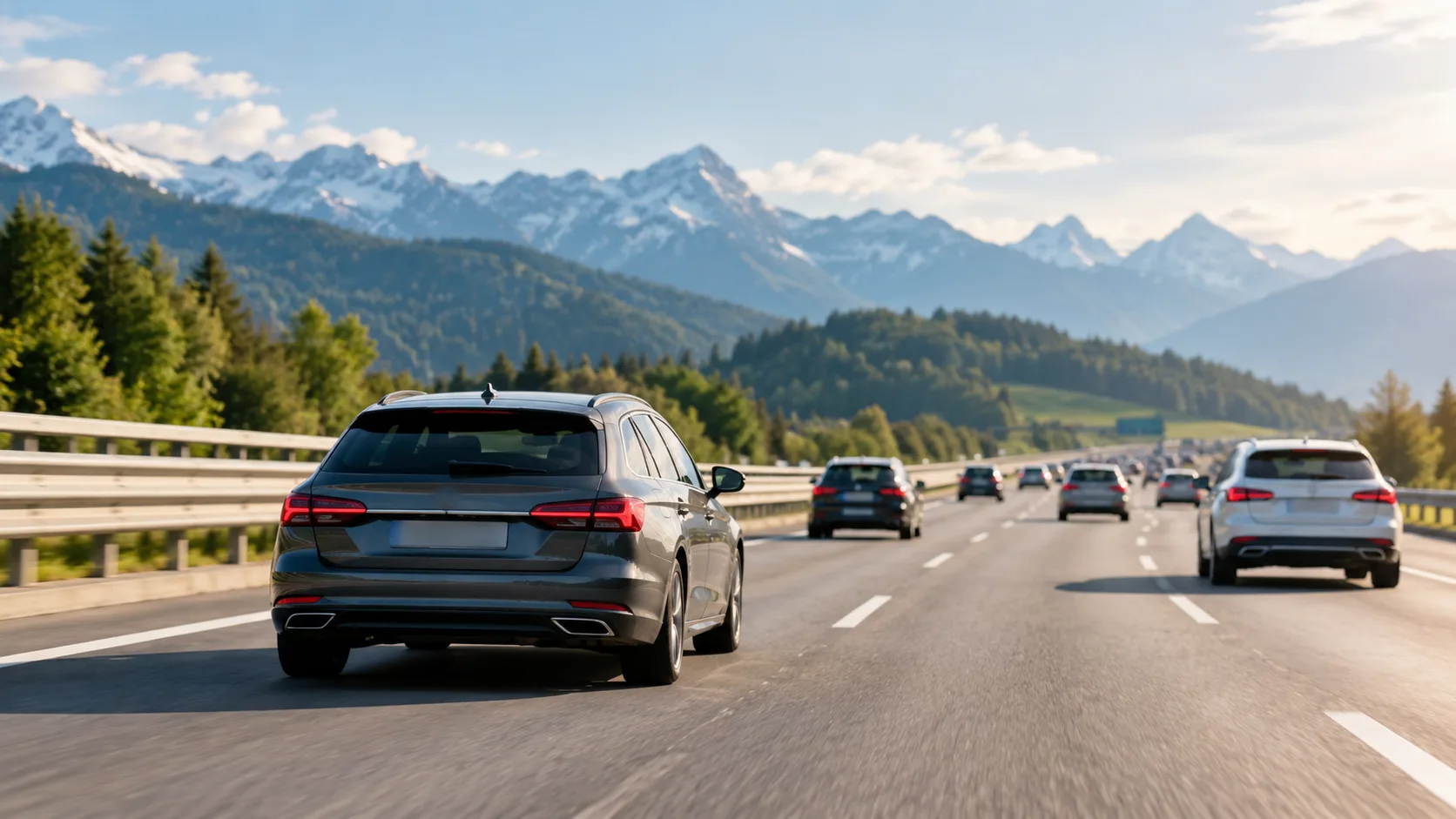 Mehrere Autos auf einer mehrspurigen Autobahn mit Leitplanken und grüner Hügellandschaft im Hintergrund.