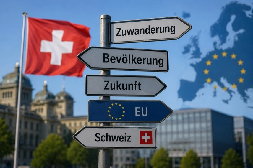 Ein Wegweiser vor einer unscharfen Schweizer Flagge und einer stilisierten Europakarte als Symbol für politische Entscheidungen und europäische Beziehungen.