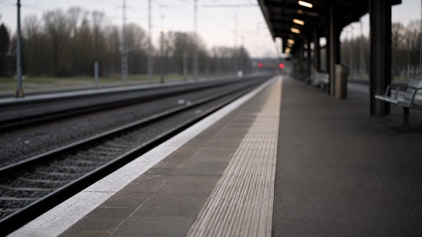 Leerer Bahnsteig mit Gleisen und Sicherheitsmarkierungen an einem Bahnhof im Regionalverkehr
