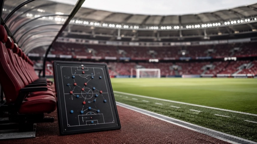 Trainerbank und Taktikboard in einem Fußballstadion als Symbol für Sebastian Hoeneß und den VfB Stuttgart