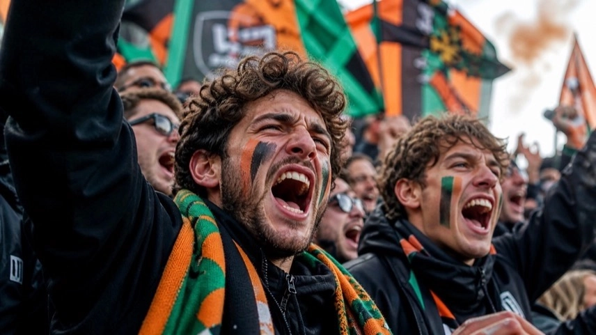 Leeres Fußballstadion bei Flutlicht mit Ball auf Rasen nach Spiel, Symbol für Serie-A-Aufstieg FC Venedig