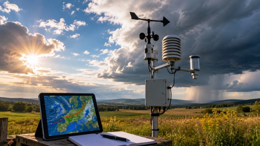 Wetterstation auf einer Wiese unter wechselnden Wolkenformationen zur Beobachtung von Sommerwetter und Großwetterlagen