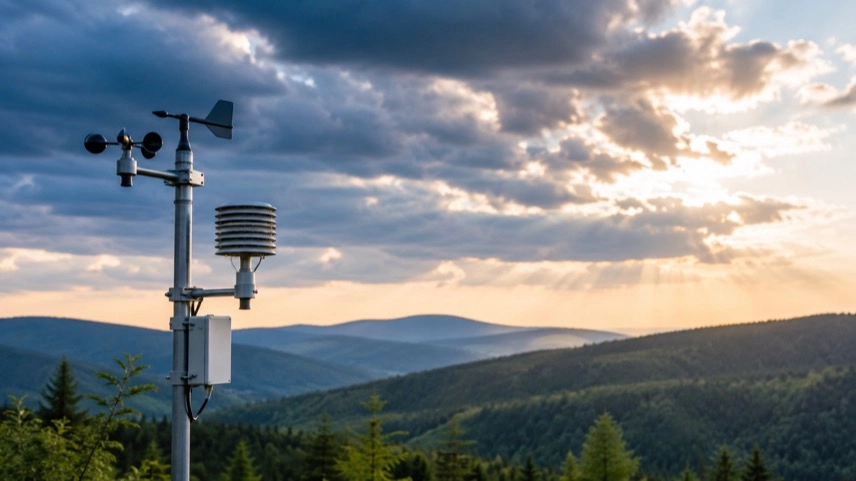 Wetterstation vor bewaldeter Harzlandschaft mit Sonne und Wolken als Symbol für Sommerwetter und Siebenschläfertag
