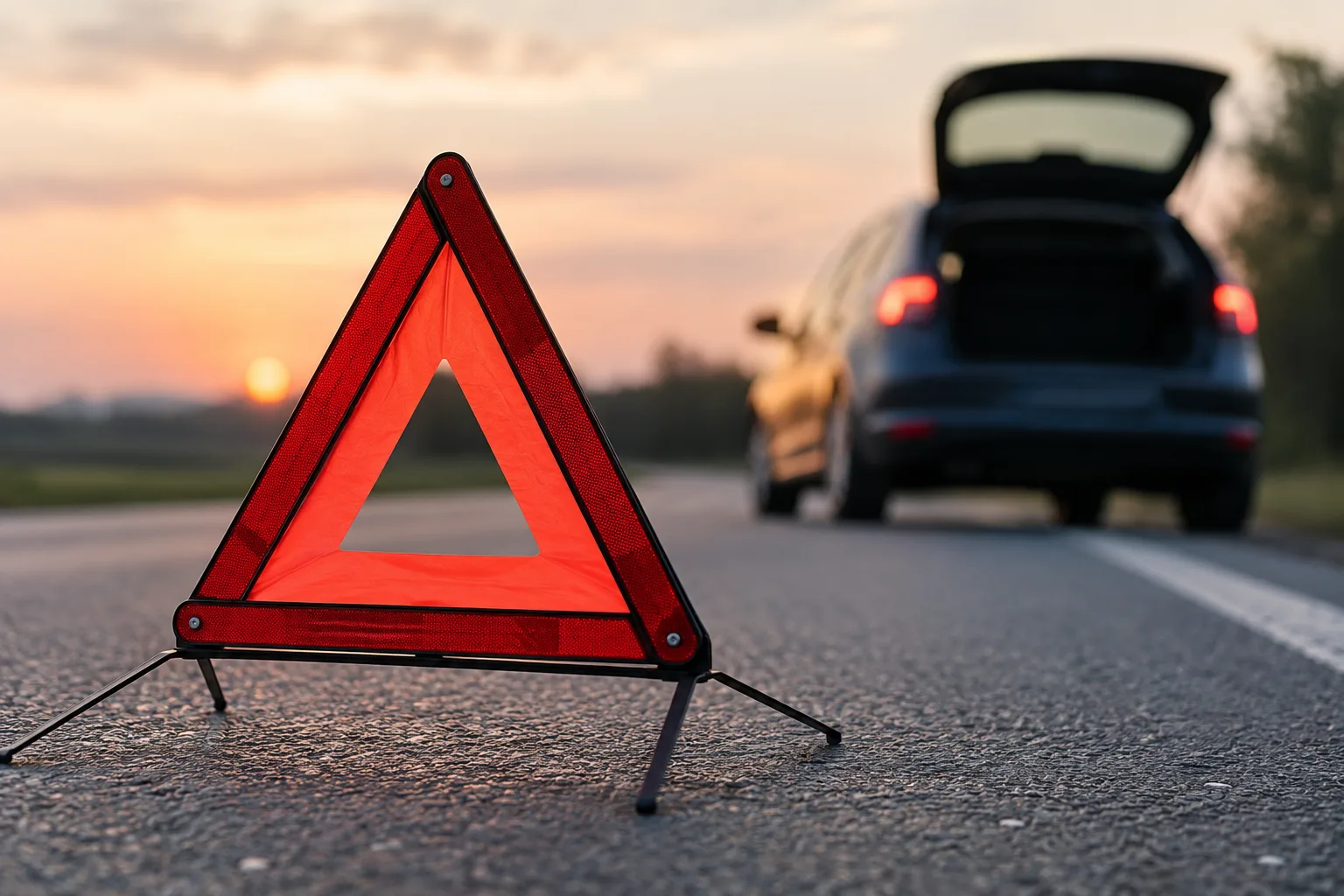 Neutrales Auto und Warndreieck an einer Straße als Motiv zu Verkehrsunfall und Fahrzeugbrand.