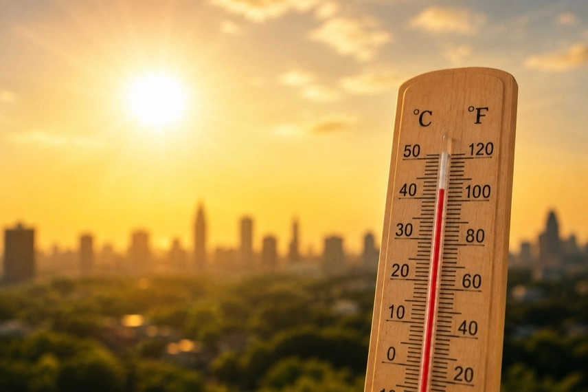 Trockener Boden und verdorrte Vegetation unter blauem Himmel als Motiv für Hitze und Trockenheit im Sommer 2026.