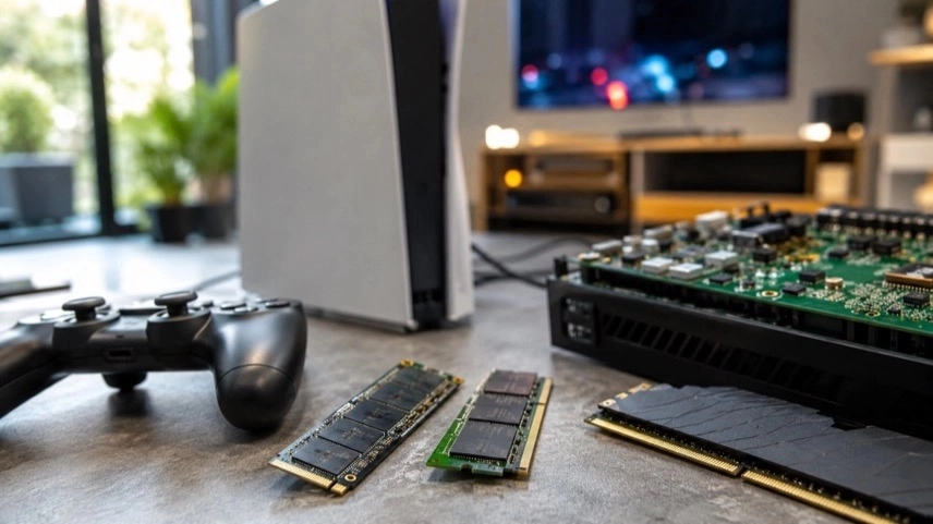 SSD-Speicherchips und moderne Spielekonsole in technischer Umgebung zur Entwicklung der nächsten PlayStation-Generation