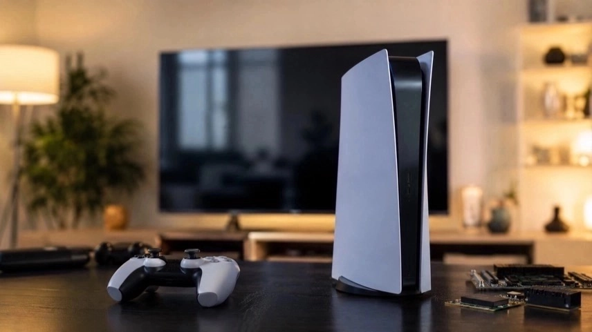 Moderne Spielkonsole mit Controller vor Fernseher als Symbol für die nächste PlayStation-Generation und Gaming-Hardware