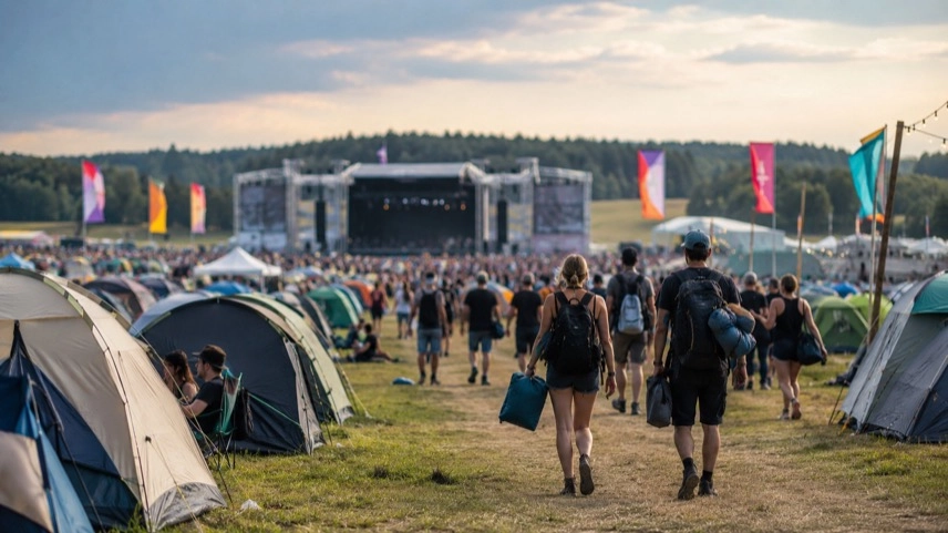 Festivalgelände mit Zelten, Besuchern und Bühne im Hintergrund während eines großen Musikfestivals in Deutschland