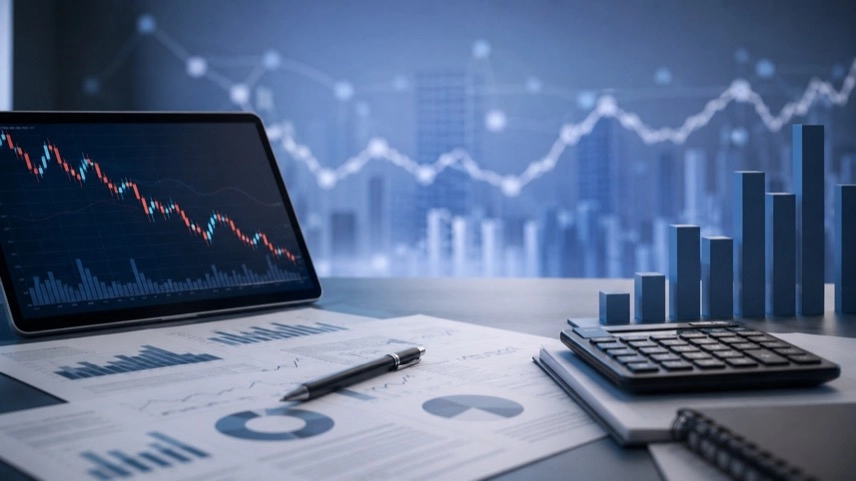 Abstrakte Börsencharts, Finanzdokumente und Diagramme als Symbol für Aktienkurs, Börsengang und Kapitalmarkt.