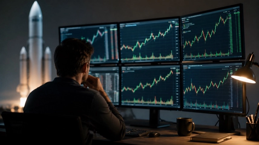 Anleger vor Finanzcharts mit Kurskurven und stilisierter Rakete als Symbol für SpaceX-Bewertung und Starlink-Wachstum