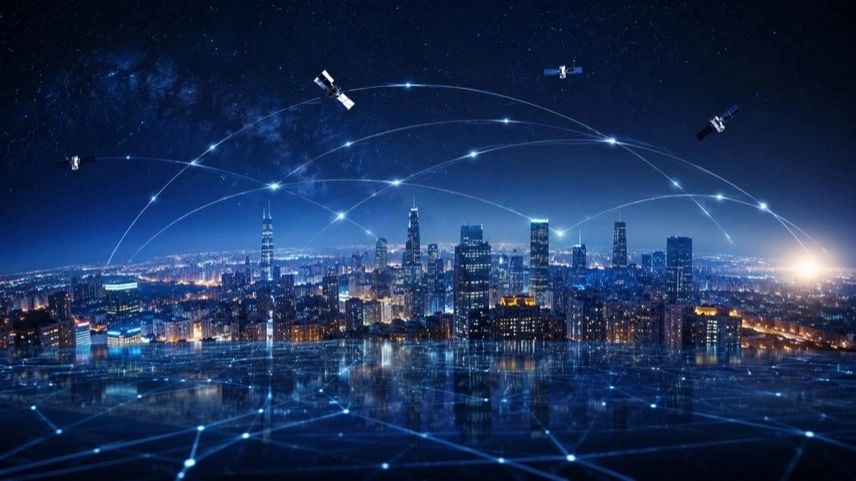 Digitale Finanzmetropole mit Satellitenbahnen und Raumfahrttechnologie als Symbol für den SpaceX-Börsengang