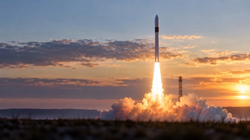 Generische Trägerrakete auf einer Startplattform vor Küstenlandschaft und offenem Himmel