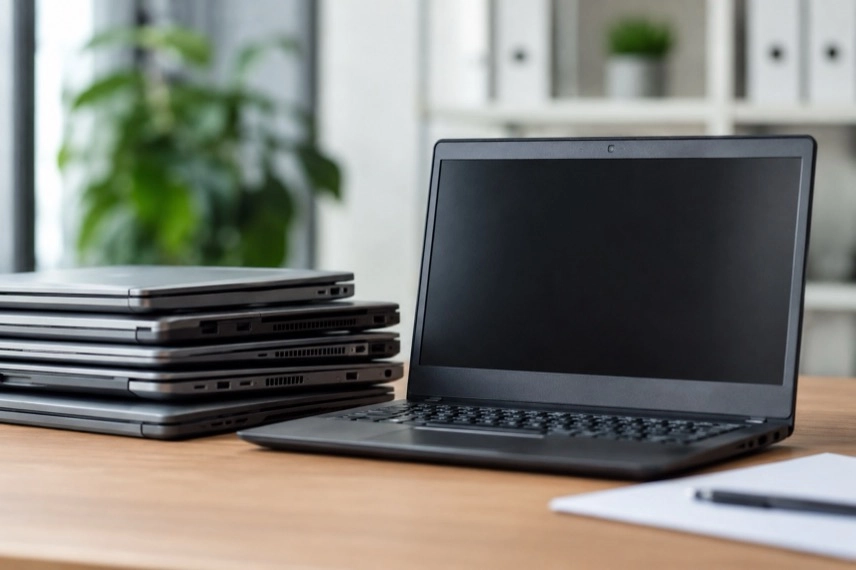 Gebrauchtes Notebook und Desktop-PC neben RAM-Modulen und SSD auf einem Schreibtisch.