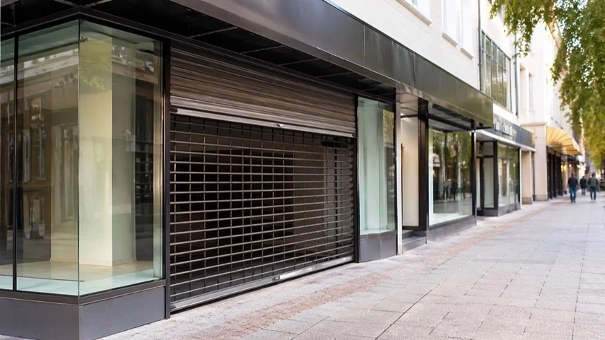 Geschlossenes Spielwarengeschäft mit leeren Schaufenstern in Einkaufsstraße nach Filialschließung im Einzelhandel