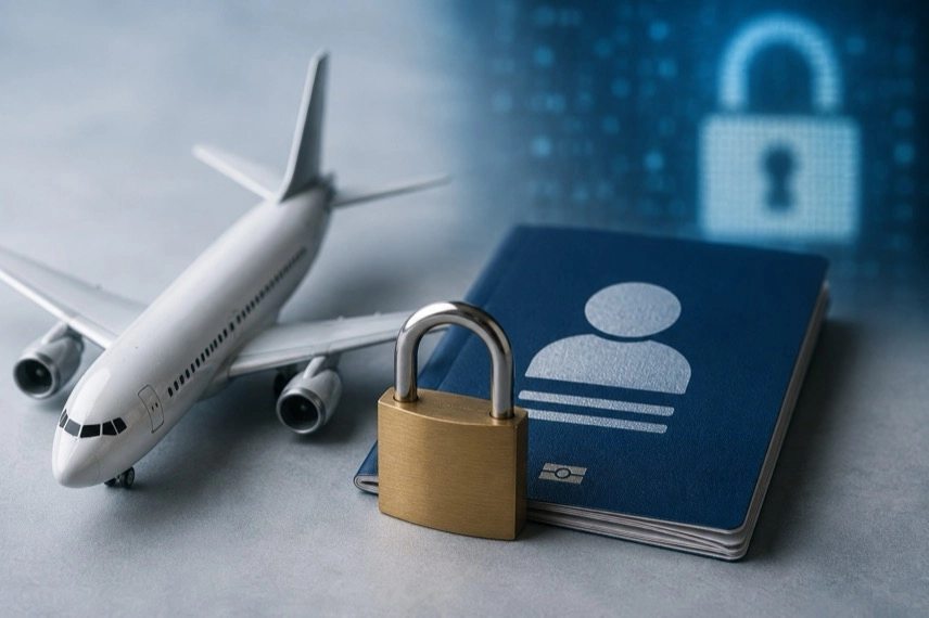 Laptop mit E-Mail- und Datensymbolen neben einem Flugzeugmodell als Motiv für Unternehmensdaten und KI.