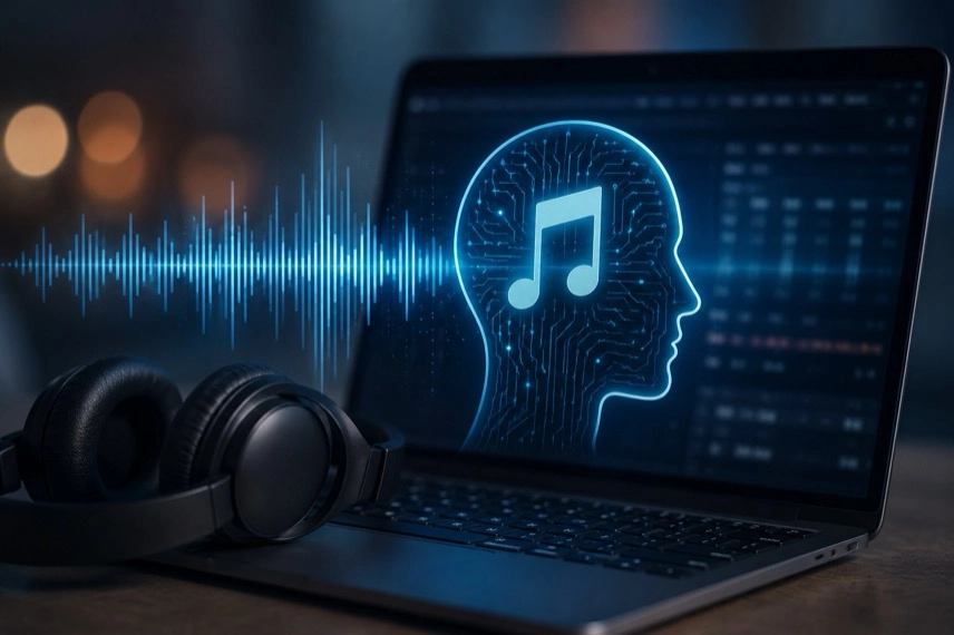 Monitor mit Musikbibliothek, Audiowellen und KI-Symbol neben Kopfhörern auf einem Schreibtisch.