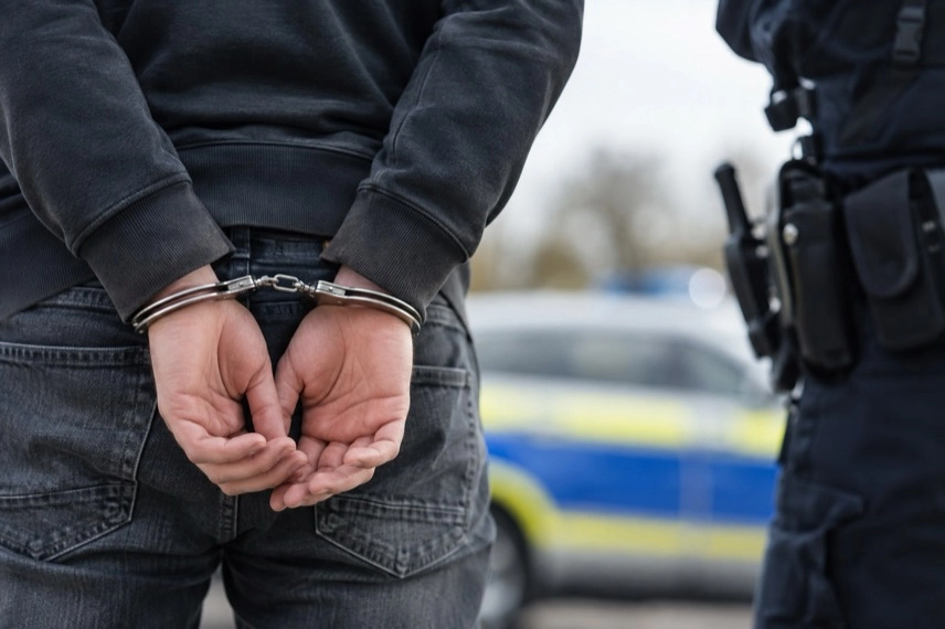 Grünstreifen und Feldweg neben einer Autobahn mit anonymem Polizeifahrzeug im Hintergrund