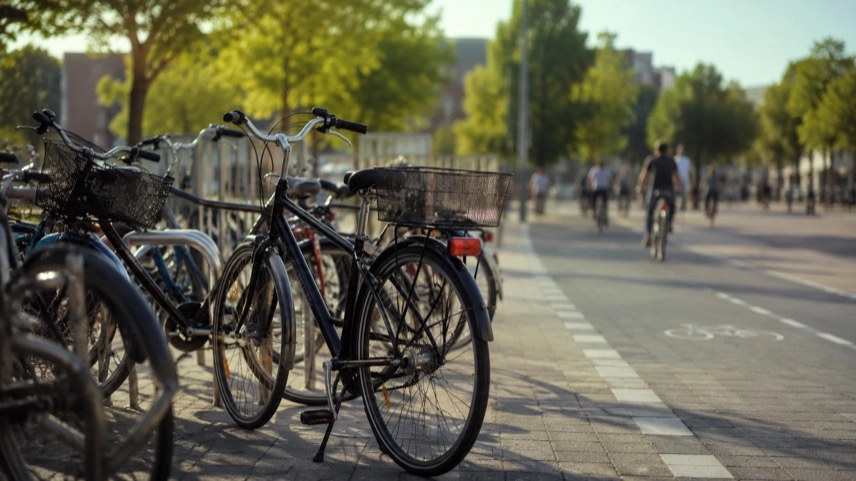 Fahrräder auf einem Stadtplatz mit Radweg und Fahrradständern als Symbol für STADTRADELN und Radverkehr in Karlsruhe
