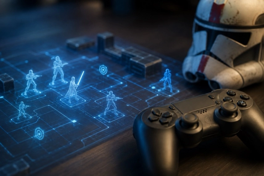 Bildschirm mit rundenbasierter Taktik-Spielfläche und Controller als Motiv zu Star Wars Zero Company