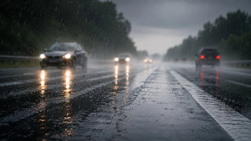 Regennasse Bundesstraße bei Starkregen mit Fahrzeugen auf nasser Fahrbahn und erhöhtem Aquaplaning-Risiko