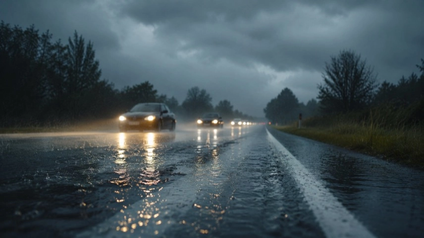 Regennasse Landstraße bei Gewitterwetter mit Fahrzeugen und eingeschaltetem Licht auf nasser Fahrbahn