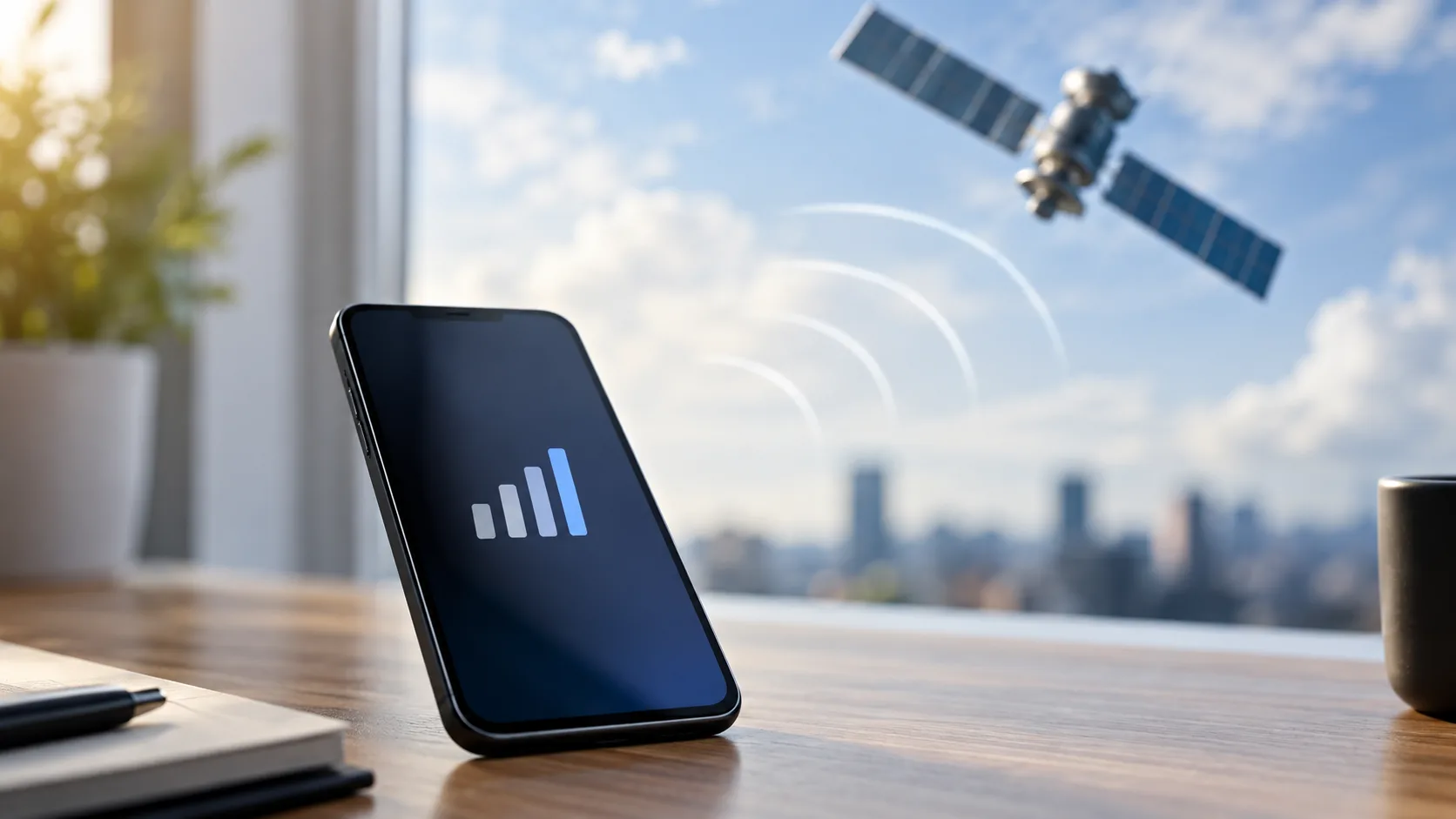 Smartphone mit Mobilfunk-Empfangsanzeige auf einem Tisch vor einem Fenster mit Blick in den Himmel.