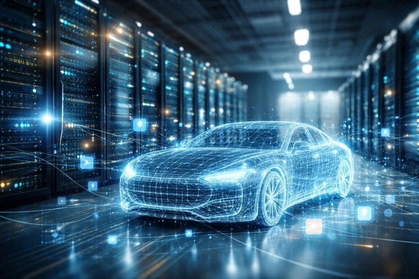 Rechenzentrum mit Servern und digitalem Fahrzeugmodell, Symbol für KI, Cloud und Automobilindustrie