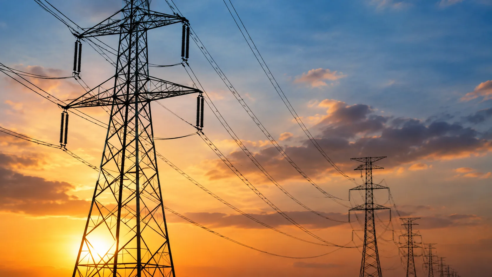 Hochspannungsmast mit Stromleitungen vor bewölktem Himmel als Teil der elektrischen Netzinfrastruktur.