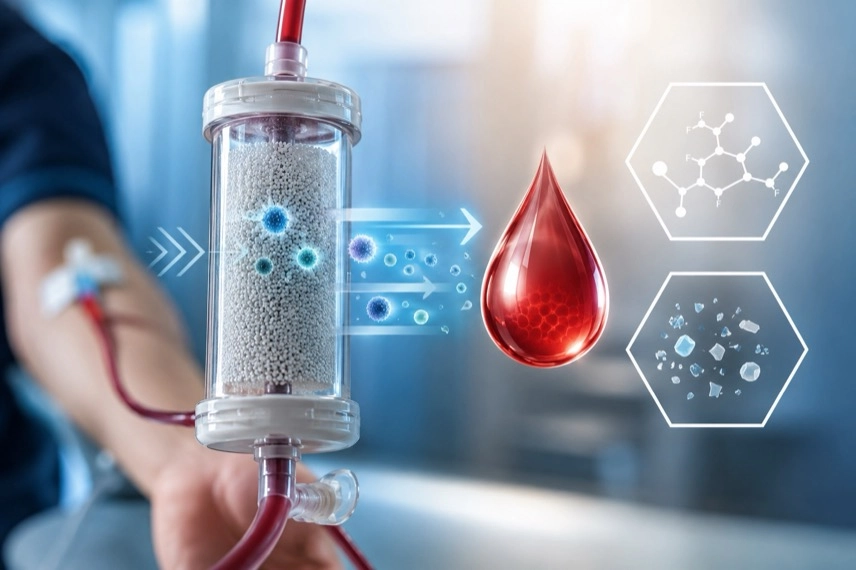 Medizinisches Filtersystem mit Schläuchen und Laborgefäßen zur Forschung an PFAS und Mikroplastik im Blut