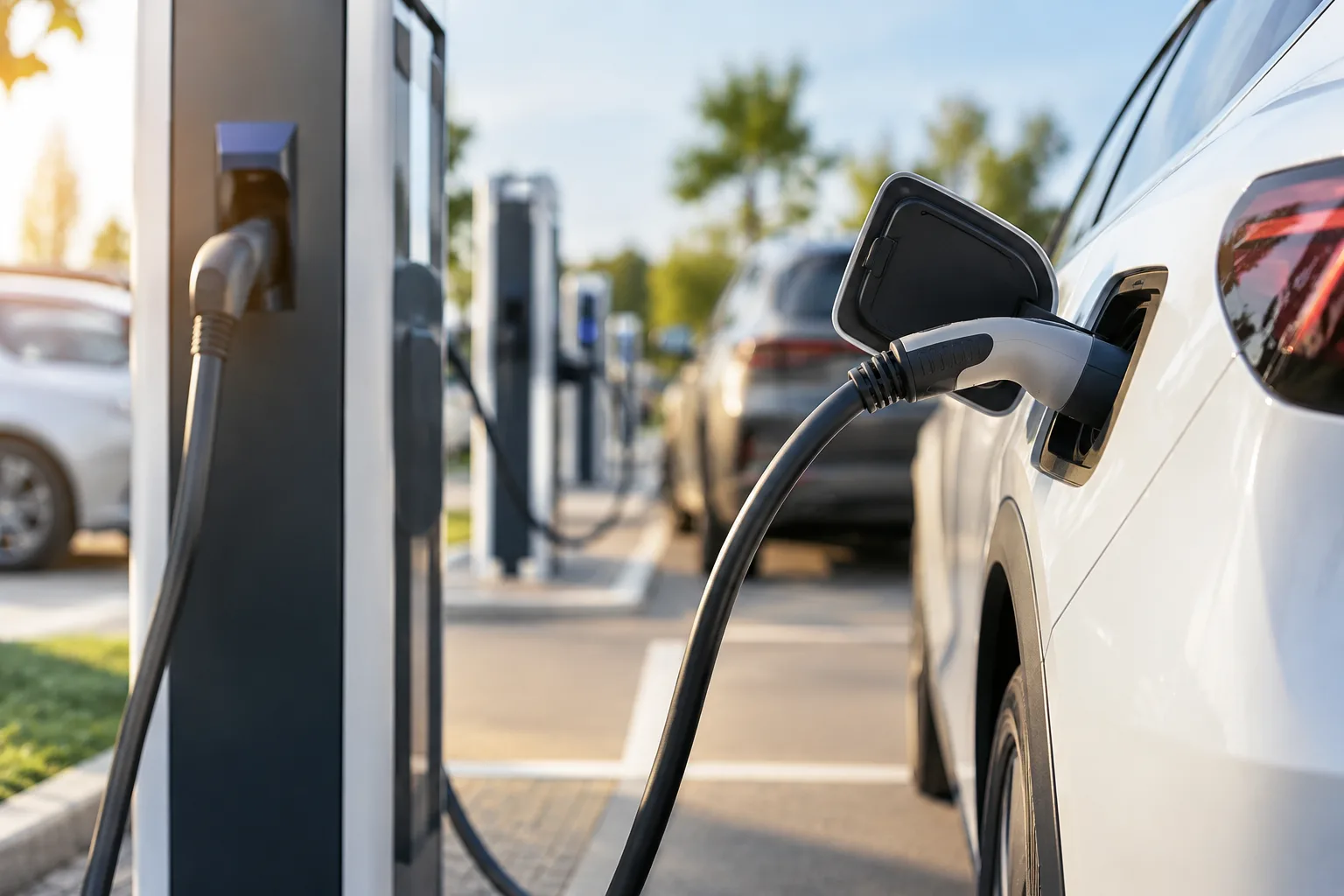 Elektroauto an öffentlichen E-Ladepunkten auf einem neutralen Parkplatz.