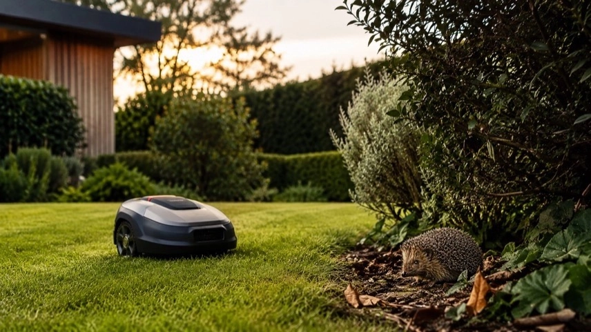 Mähroboter auf Rasenfläche in einem Garten bei Dämmerung neben einem Igel zwischen Hecken und Laub