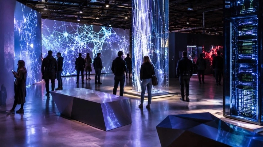 Digitale Kunstinstallation mit Lichtprojektionen und Technologieelementen auf einem Festival in Stuttgart zur KI- und Kulturdebatte