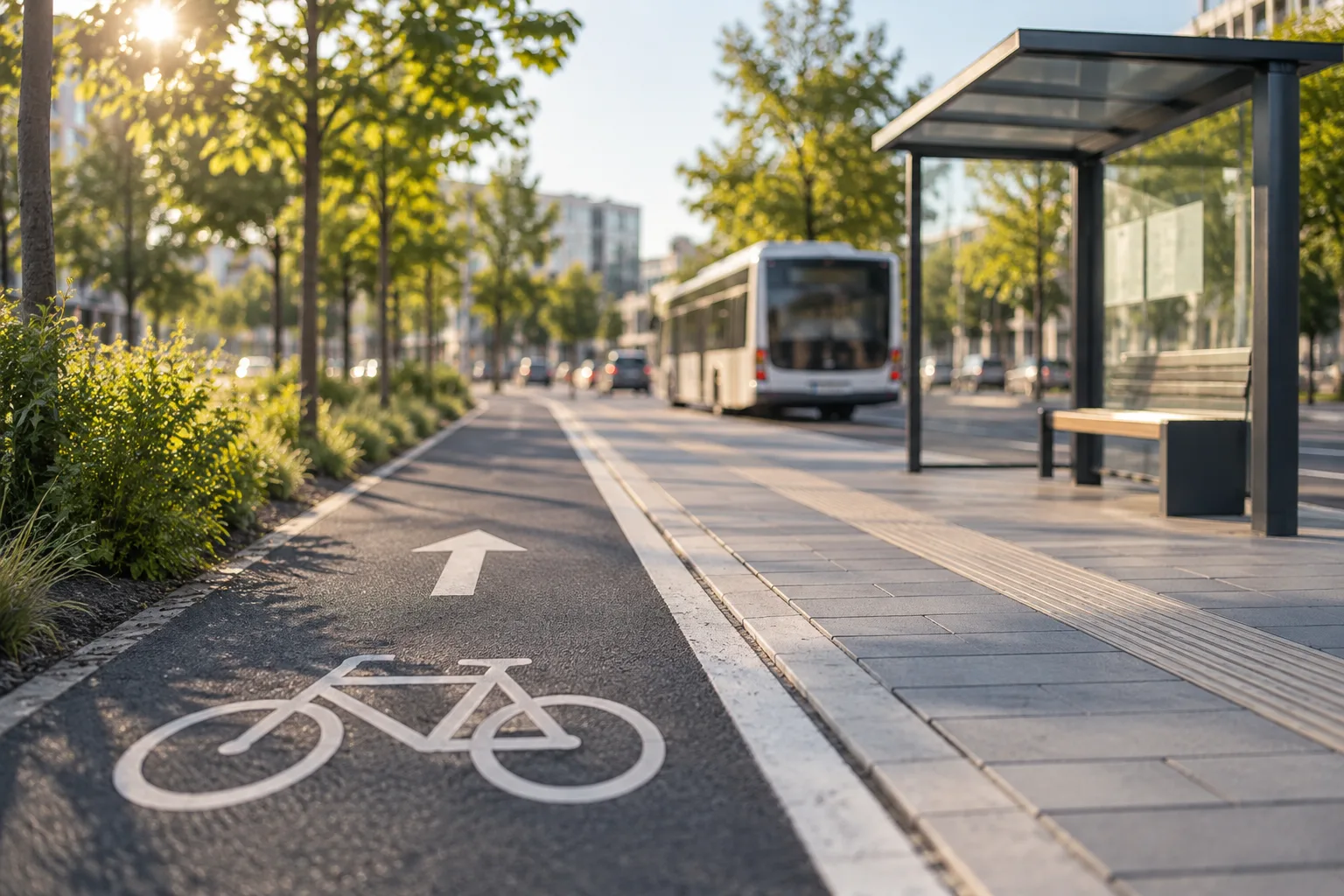 Innerstädtische Straße mit getrenntem Radweg, Bushaltestelle, Gehweg und begrünten Seitenbereichen