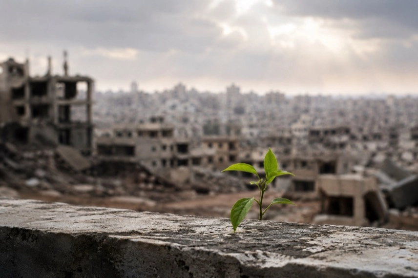 Bauschutt neben einem Cafébereich als Motiv für Wiederaufbau und Tourismus in Syrien.