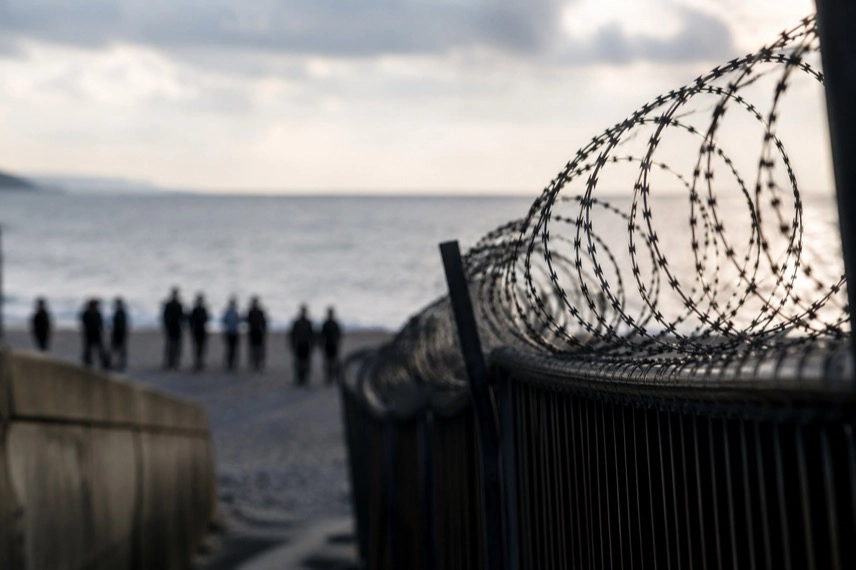 Neutrale Küstenlandschaft mit generischer Grenzanlage und Meer zum Thema Migration und Grenzsicherung in Ceuta