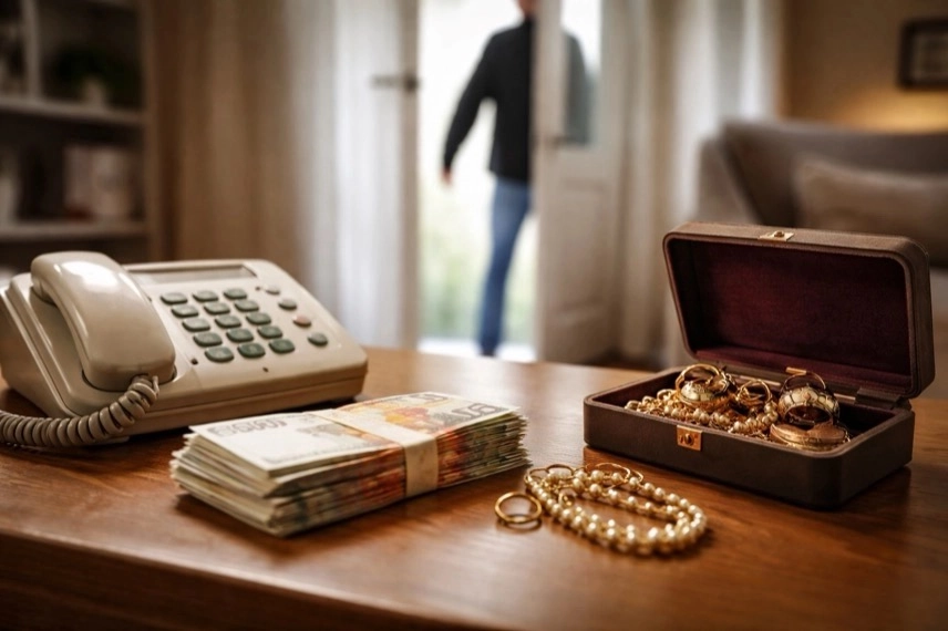 Wohnzimmer mit Telefon, Bargeld und Schmuck auf Tisch, geöffnete Tür im Hintergrund, Symbol für Telefonbetrug und Schockanrufe in Sachsen
