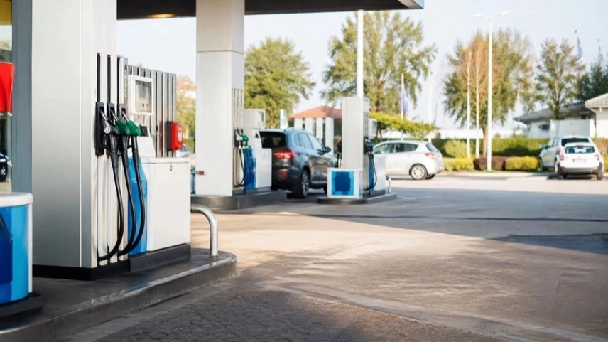 Tankstelle mit Zapfsäulen und Autos bei Tageslicht, Symbol für sinkende Kraftstoffpreise durch Energiesteuersenkung