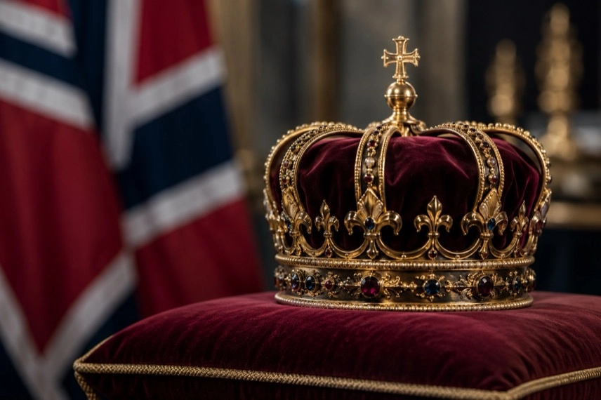Königskrone auf rotem Stoff vor einer norwegischen Flagge als Motiv zur Monarchie in Norwegen