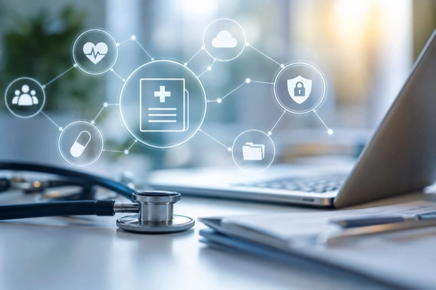 Arbeitsplatz mit Smartphone und digitaler Darstellung zur TI 2.0 und Telematikinfrastruktur im Gesundheitswesen