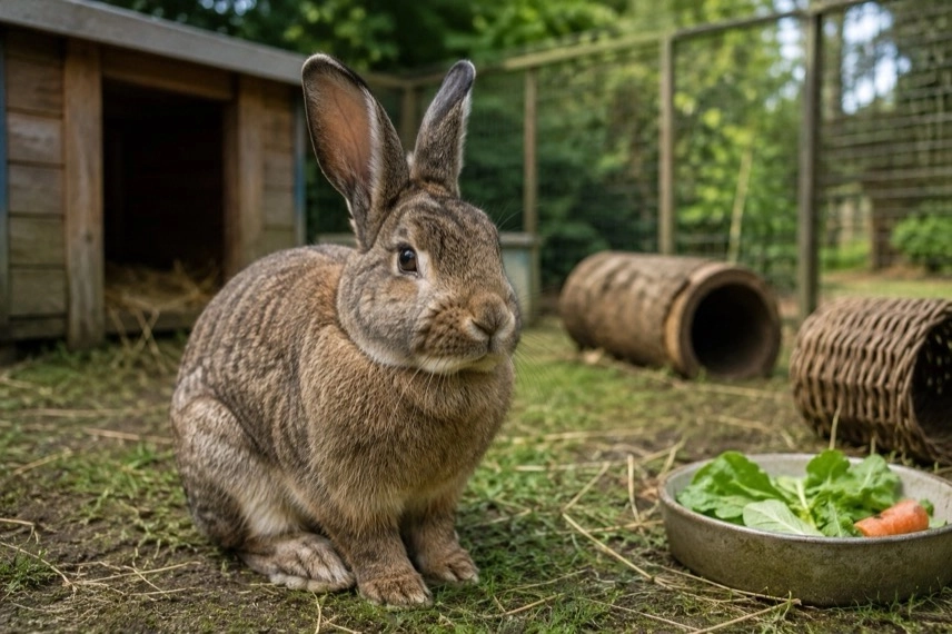 Großes braun-graues Kaninchen in einem weitläufigen Außengehege mit Gras, Holzunterstand und natürlicher Umgebung.