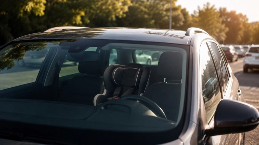 Geparktes Auto mit Kindersitz auf der Rückbank an einem Parkplatz bei sommerlichem Wetter