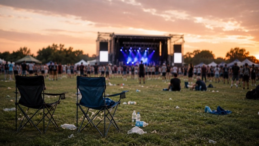 Festivalgelände mit Campingstühlen, Wasserflaschen und Besuchern vor einer Bühne beim Hurricane Festival in Scheeßel