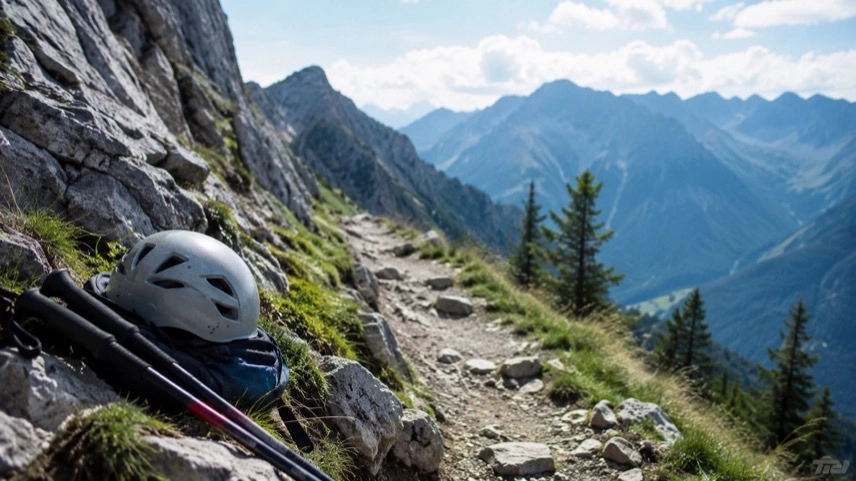 Bergpfad im alpinen Gelände mit Felsen, Wegweiser und Bergsteigerausrüstung im Wettersteingebirge