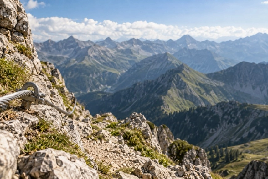 Felsiger Klettersteig in hochalpiner Berglandschaft der Allgäuer Alpen