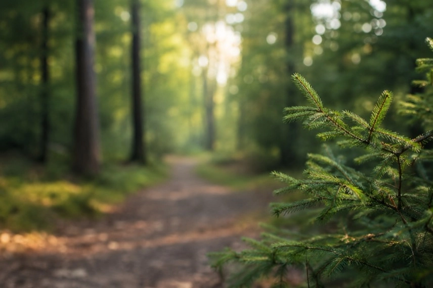Gestapelte Baumstämme und Holzspäne in einem Wald als Motiv für Forstarbeiten.