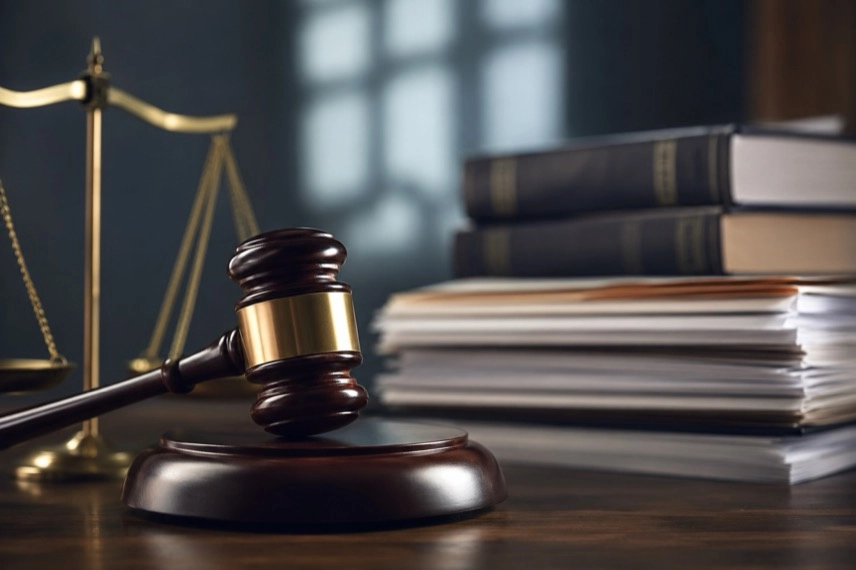 Justizwaage, Richterhammer und Gerichtsakten zum Mordprozess vor dem Landgericht Frankfurt