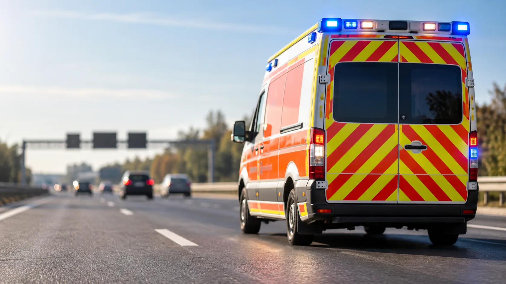 Neutrales Rettungsfahrzeug auf einer Autobahn als Motiv zu einem Verkehrsunfall auf der A44